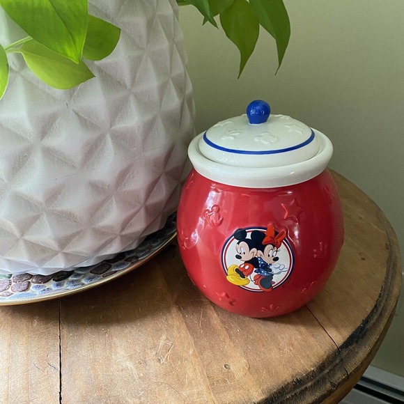 Disney Other - Vintage Disney Mickey Minnie Mouse Red White Blue Ceramic Jar Canister
